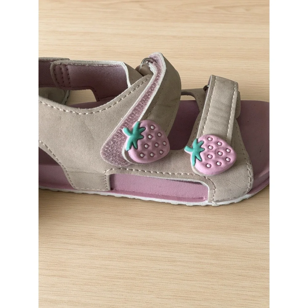 First Steps Toddler Girls Strawberry Pink Beige Sandals Size 9 Hook Loop Straps